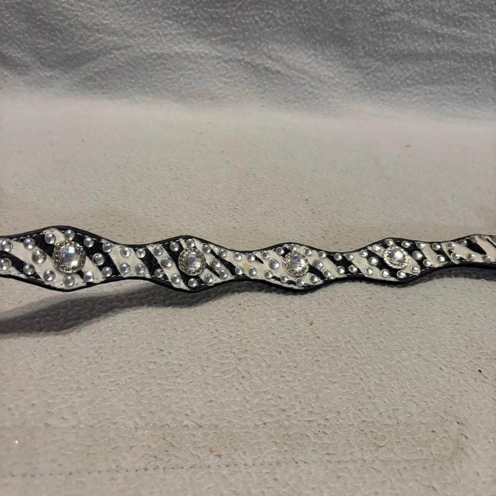 Nocona Western Belt Girls 20 Zebra Print Calf Hair Scalloped Edges Rhinestones
